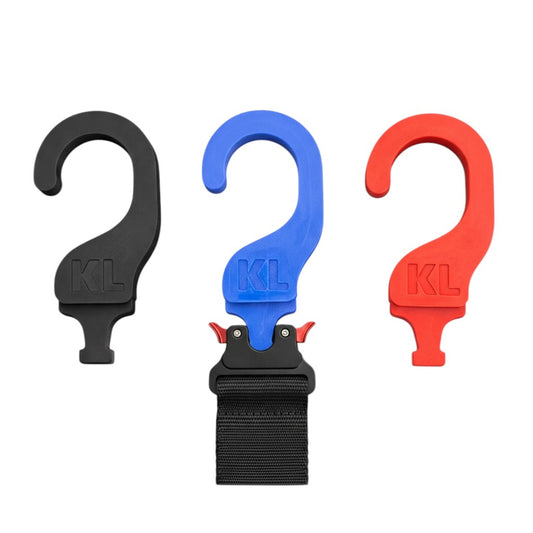 Kombat Line Cobra belt hanger in black, blue, and red. Features a hook and buckle design.