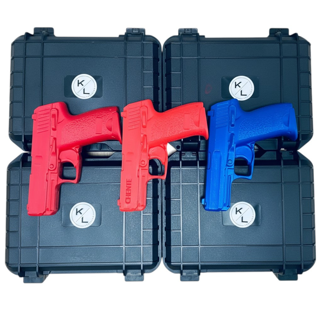 Kombat Line red and blue dummy training pistols for HK USP Compact and Standard models. Realistic replicas for practice.