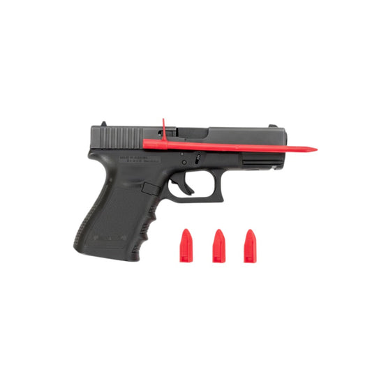 Kombat Line basic training pack with black pistol, red training rod, and three red dummy rounds for dry fire practice.