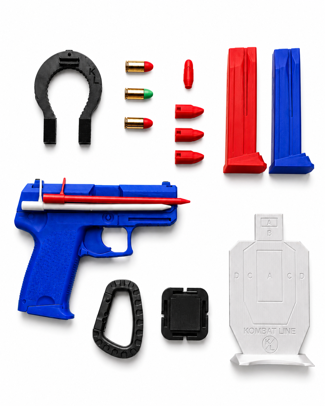 PACK TRAINING (Arma dummy, Varilla Kombat Flex basic + Glow ,3 Alivia percutores, 3 tejas elevadoras, bloqueador de puertas , Aplique molle, Mosquetón táctico, Target DryFire Glow, 2 Cargadores dummy personalizable)