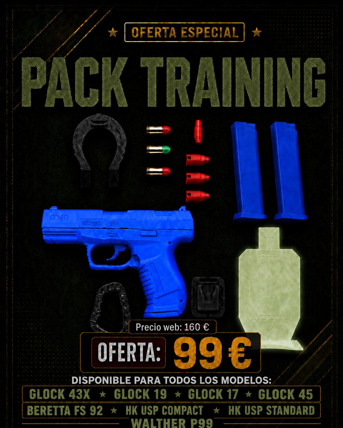 PACK TRAINING (Arma dummy, Varilla Kombat Flex basic + Glow ,3 Alivia percutores, 3 tejas elevadoras, bloqueador de puertas , Aplique molle, Mosquetón táctico, Target DryFire Glow, 2 Cargadores dummy personalizable)