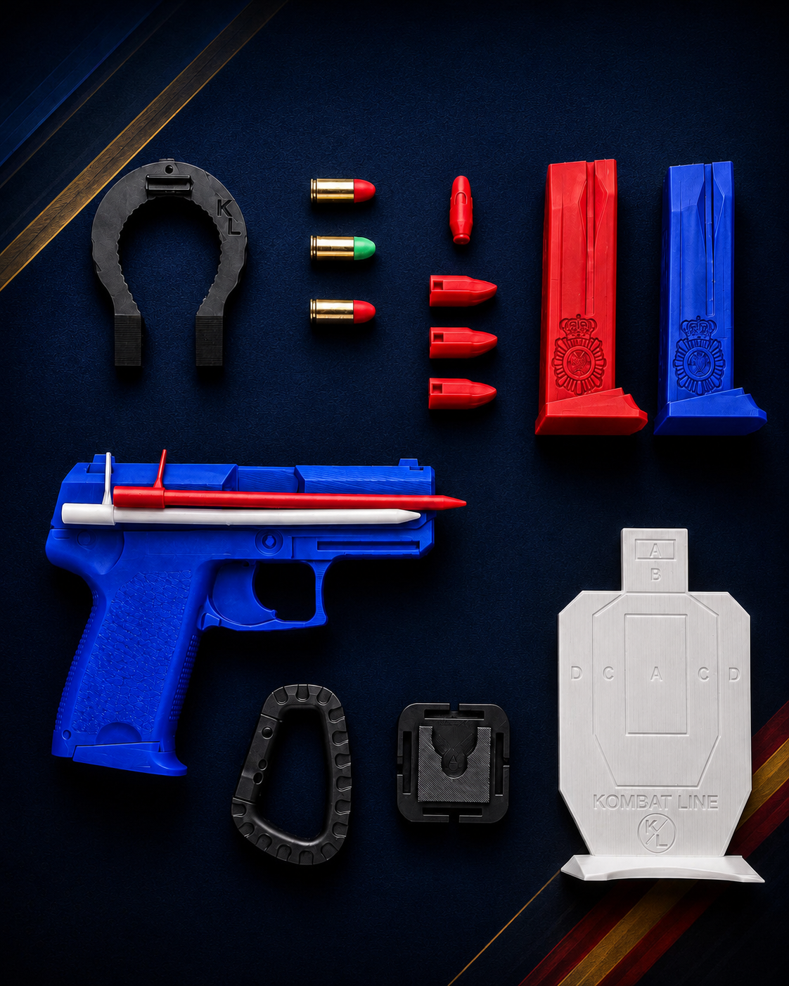 PACK TRAINING (Arma dummy, Varilla Kombat Flex basic + Glow ,3 Alivia percutores, 3 tejas elevadoras, bloqueador de puertas , Aplique molle, Mosquetón táctico, Target DryFire Glow, 2 Cargadores dummy personalizable)